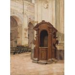 PIO JORIS (Rome 1843 - 1921) Inside of Church with confessional Oil on canvas, cm. 79 x 57 Signed