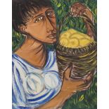 GIUSEPPE MIGNECO (Messina 1908 - Milan 1997) Woman with lemon basket Oil on canvas, cm. 45 x 35