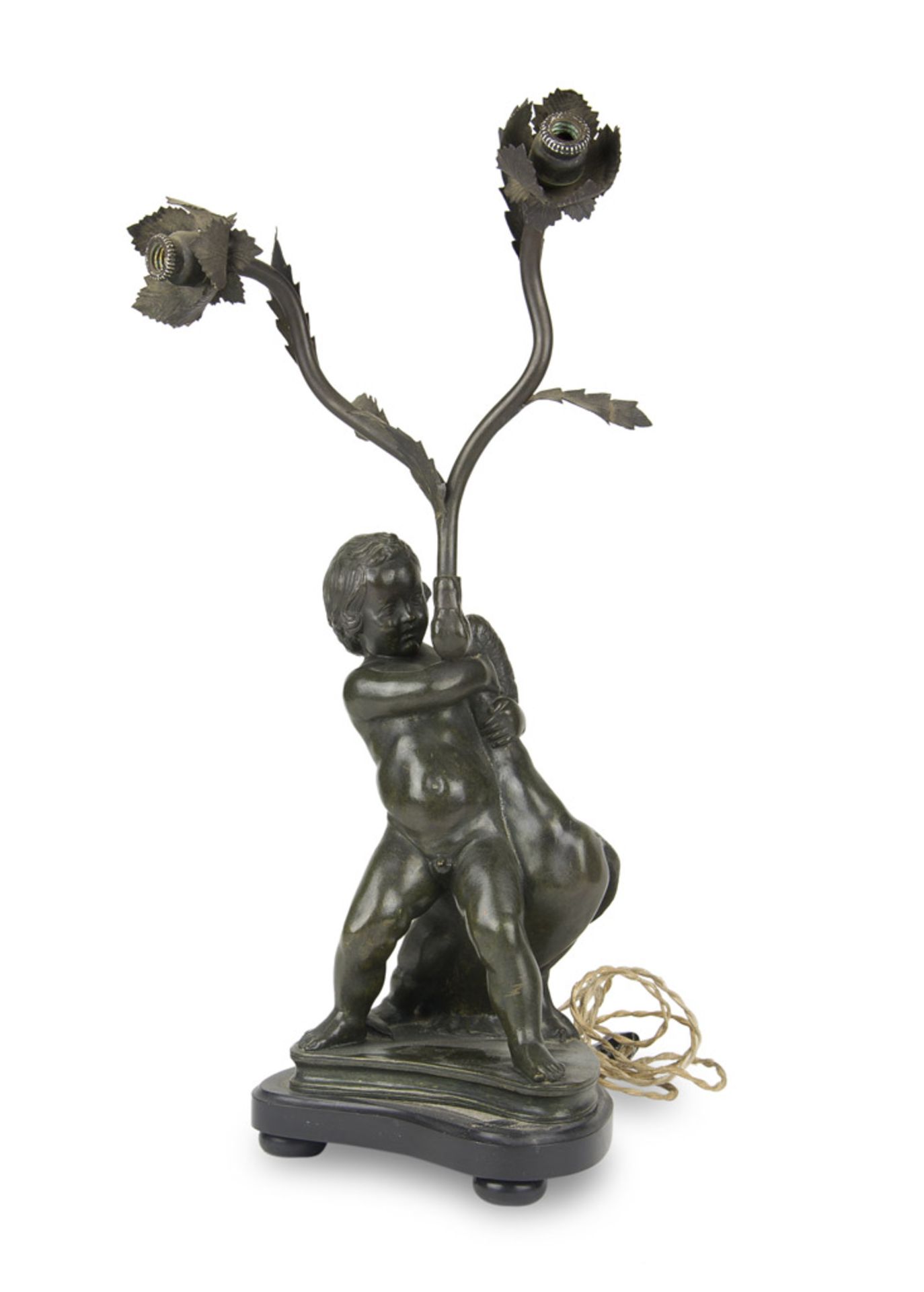 TWO-BRANCHED BRONZE CANDELSTICK, 19TH CENTURY of black patina, shaft with figure of cherub