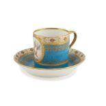 CUP AND SAUCER IN PORCELAIN, ENGLAND MINTON, MID-19TH CENTURY light blue enamel and gold, body