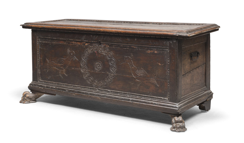 RARE WALNUT BENCH CHEST, SIENA PROBABLY EARLY 17TH CENTURY front engraved to garland and birds. Band