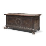 RARE WALNUT BENCH CHEST, SIENA PROBABLY EARLY 17TH CENTURY front engraved to garland and birds. Band