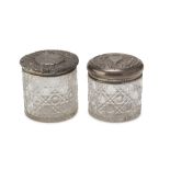 TWO POWDER TINS IN GLASS AND SILVER, PUNCHES BIRMINGHAM 1903 diamond-shaped body, covers embossed