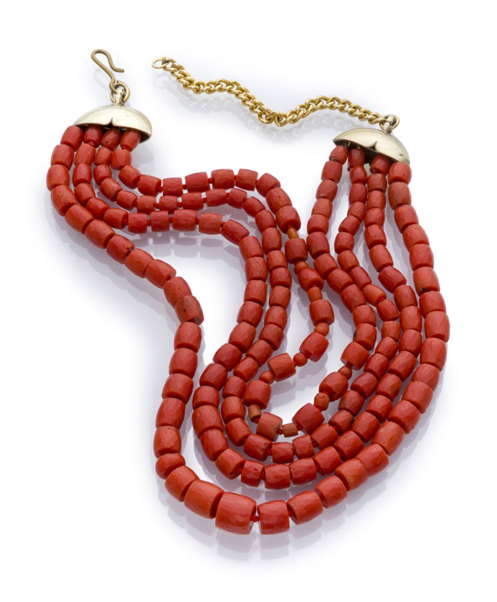 NECKLACE four threads of red coral with clasp in gilded metal. Length cm. 45, total weight gr. 110,