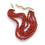 NECKLACE four threads of red coral with clasp in gilded metal. Length cm. 45, total weight gr. 110,