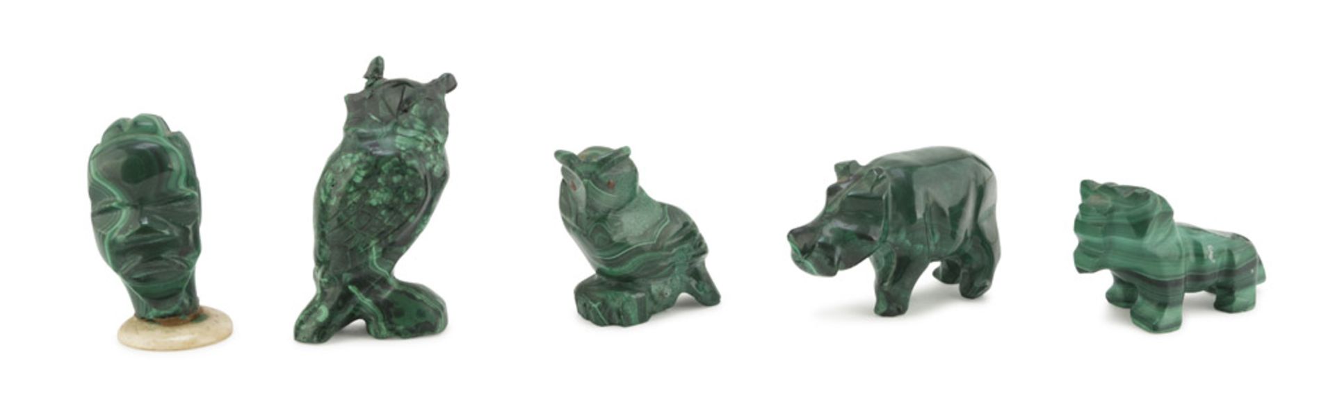 FIVE SMALL SCULPTURES IN MALACHITE, 20TH CENTURY representing a face and animals. Maximum size cm. 6