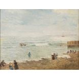 GIUSEPPE PENNASILICO (Naples 1861 - Genoa 1940) Beach with figures and wharf Oil on cardboard, cm.