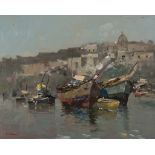 EZELINO BRIANTE (Naples 1901 - Rome 1971) DOCK WITH BOATS Oil on canvas board, cm. 40 x 50 Signature