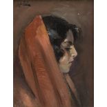 ARNALDO DE LISIO Italy 1869 - 1949 Woman's face in profile with shawl Oil on cardboard, cm. 21 x