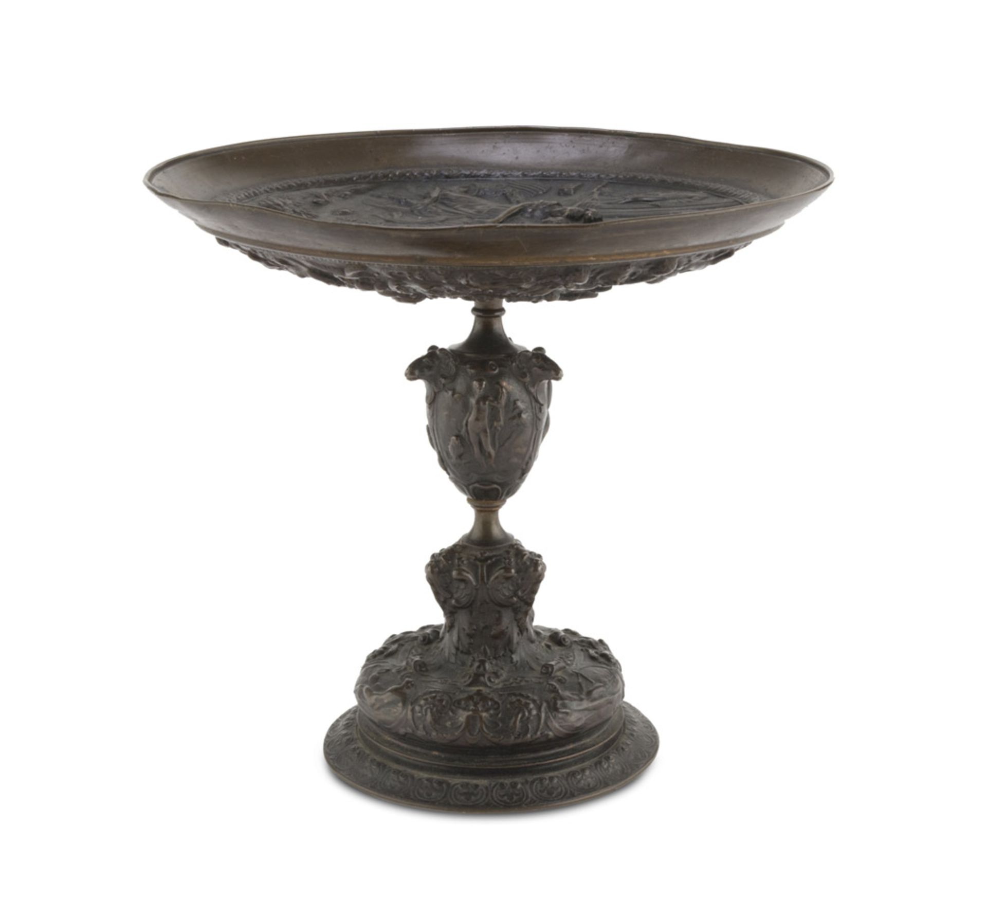 CAKESTAND IN BRONZE, FRANCE SECOND HALFOF THE 19TH CENTURY with bas-relief of Roman scene.