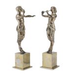 A PAIR OF SILVERED BRONZE SCULPTURES, EARLY 20TH CENTURY representing musician fauns. Cubic bases.