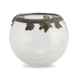 GLASS VASE, '70s superior edge with branches of grapevine in silver-plated metal. Measures cm. 28
