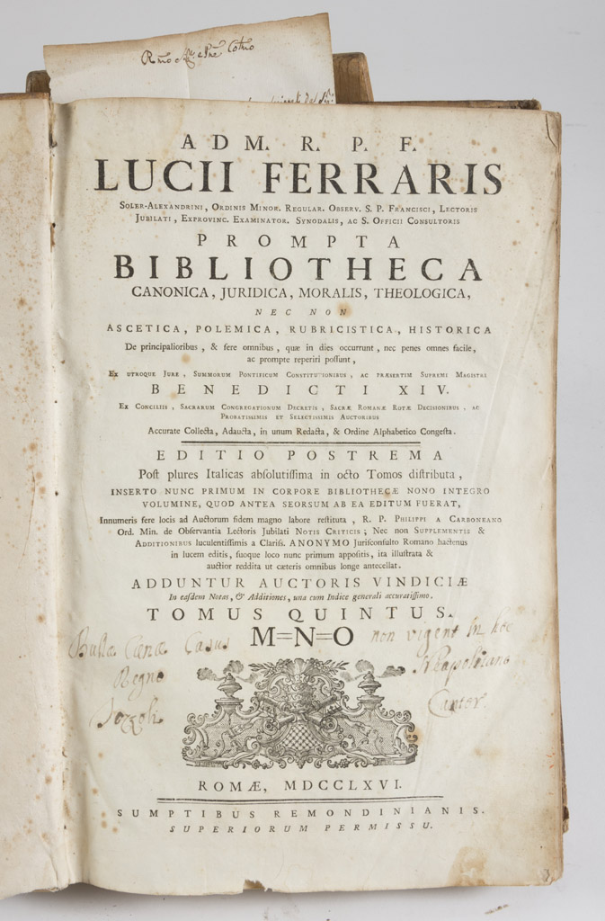 THEOLOGY Lucii Ferraris, Bibliotheca. A volume with engravings in the text. Ed. Rome 1761. Full