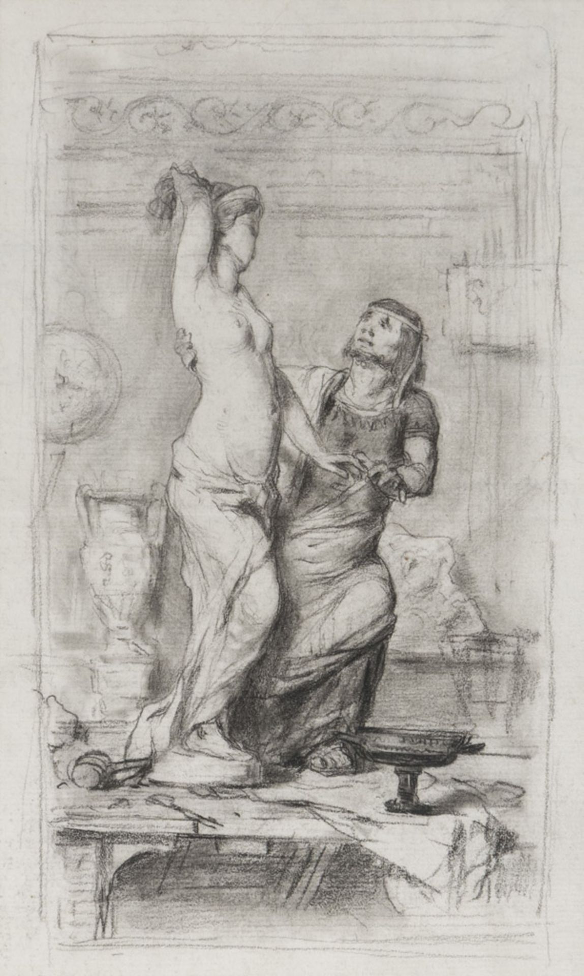 ITALIAN PAINTER 19TH CENTURY THE SCULPTOR Pencil on paper, cm. 25 x 15 Framed PITTORE ITALIANO XIX