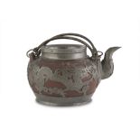 CERAMIC TEAPOT, CHINA 20TH CENTURY decorated with metal inserts of dragon, sacred jewel and shou.