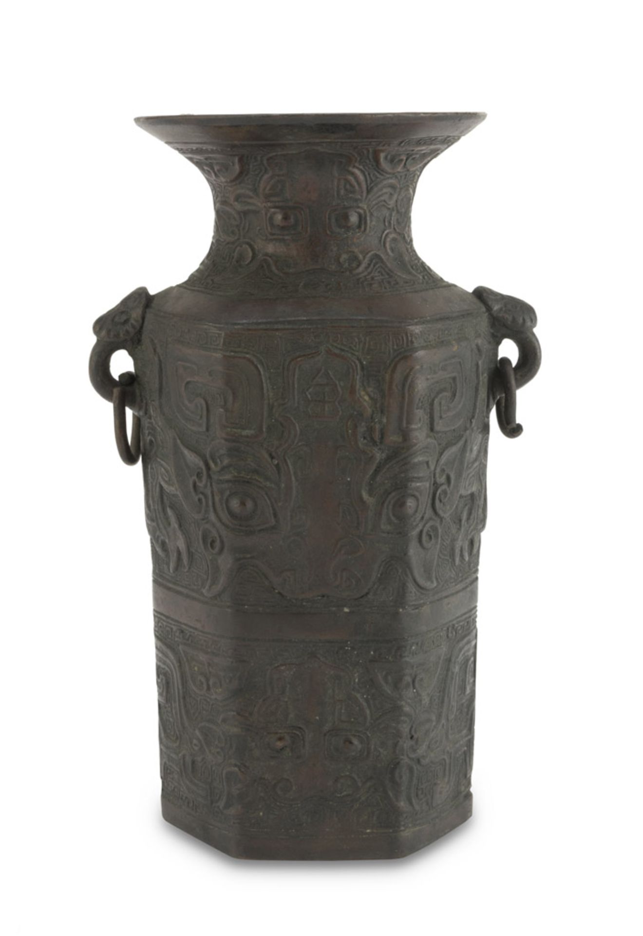 VASE IN BRONZE WITH BURNISHED PATINA, CHINA 20TH CENTURY entirely decorated with archaizing motifs