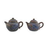 TWO TEAPOTS IN YIXING CERAMIC, CHINA 20TH CENTURY decorated with peonies, symbolic treasures and