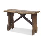 RUSTIC STOOL IN WALNUT, ANTIQUE ELEMENTS with lyre upright and supports to cross. Measures cm. 46