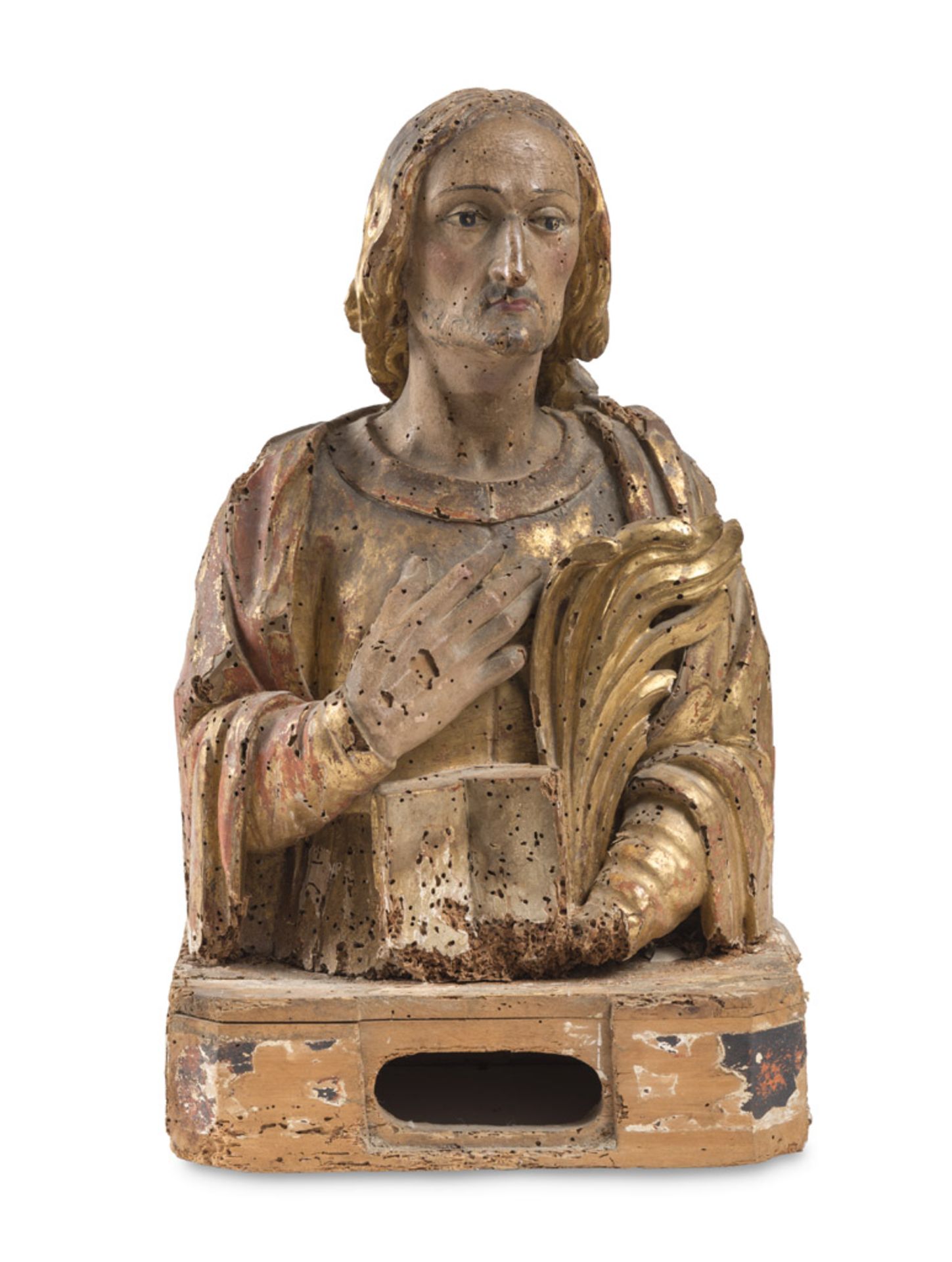 UMBRIAN SCULPTOR, 17TH CENTURY BUST OF SAINT MARTYR Wood sculpture gilded on red bole, cm. 56 x 35 x