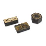 THREE BOXES IN EBONY AND TURTLE LATE 19TH CENTURY with inlays in bone, metal and one with cover