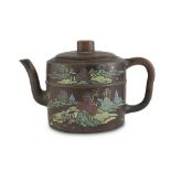 TEAPOT IN YIXING CERAMIC, CHINA 20TH CENTURY polychrome enamel decorated with a wide landscape.