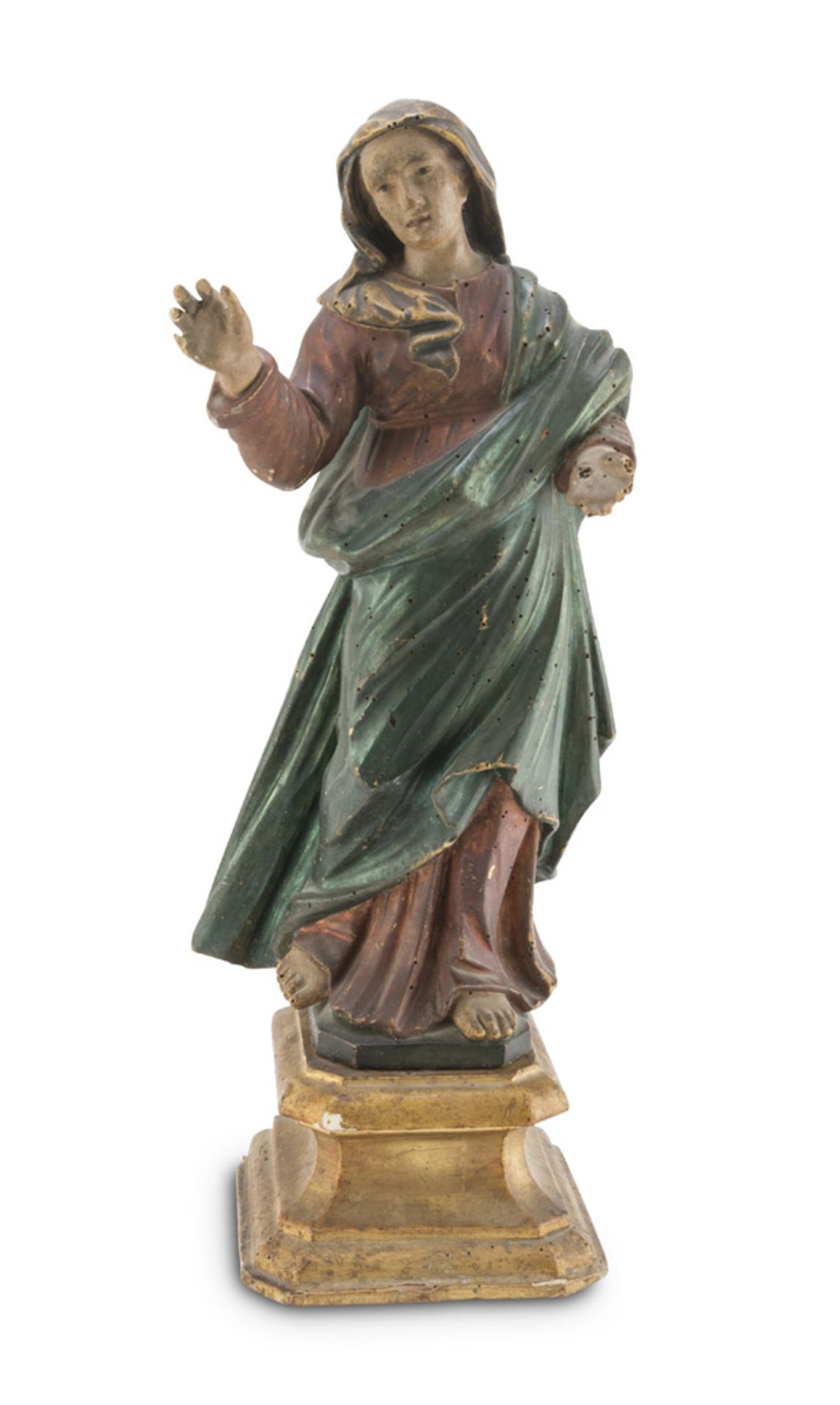 LACQUERED WOOD SCULPTURE THE VIRGIN, CENTRAL ITALY LATE 18TH CENTURY in full polychromy, with base