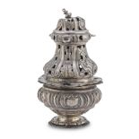 CENSER IN SILVER-PLATED METAL, PROBABLY ROME 19TH CENTURY in two bodies, entirely pierced to leaves,