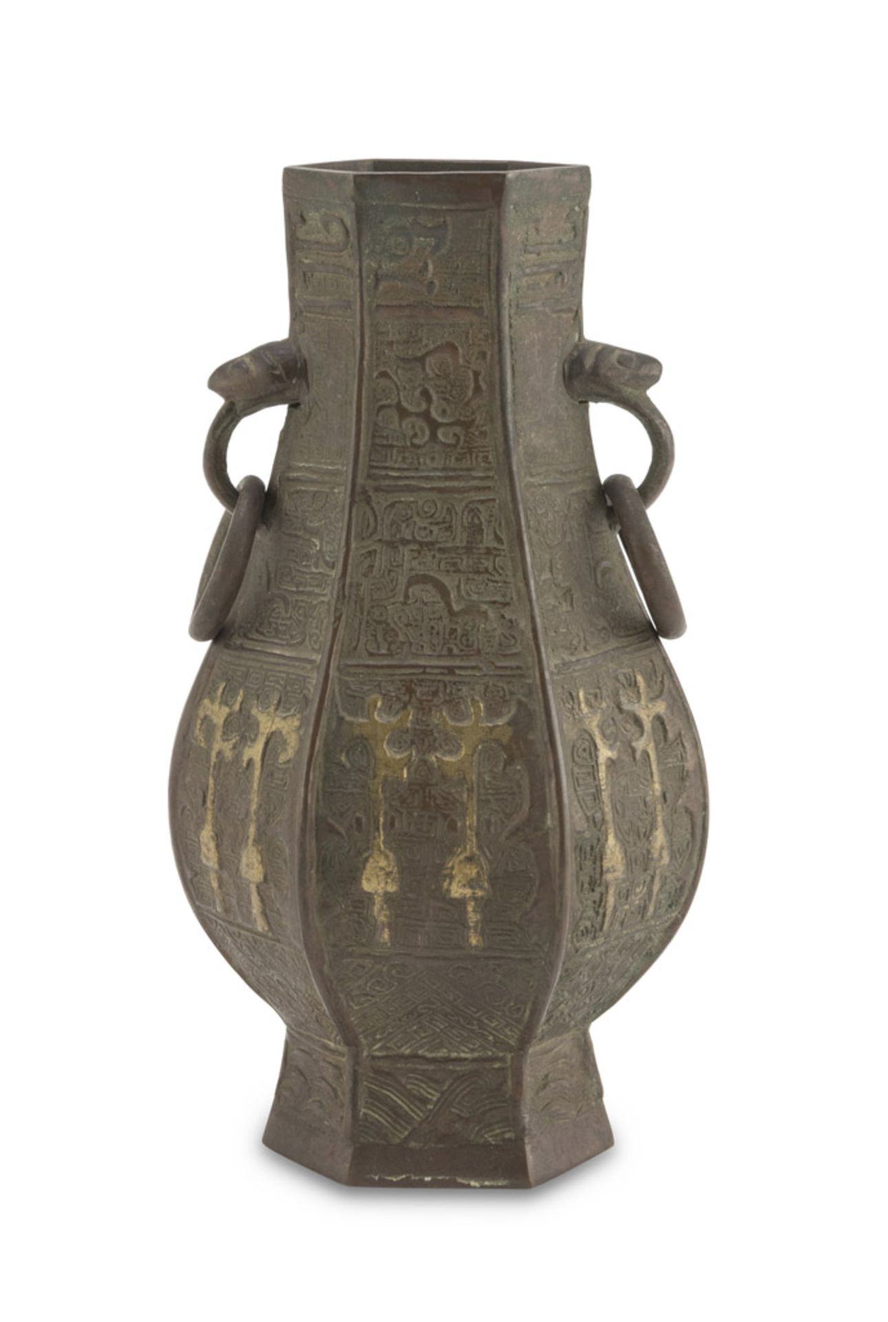 VASE IN BRONZE WITH BURNISHED PATINA, CHINA 20TH CENTURY entirely decorated with archaizing