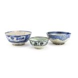 THREE WHITE AND BLUE CERAMIC BOWLS, MOROCCO 19TH CENTURY decorated with stylized architectures,