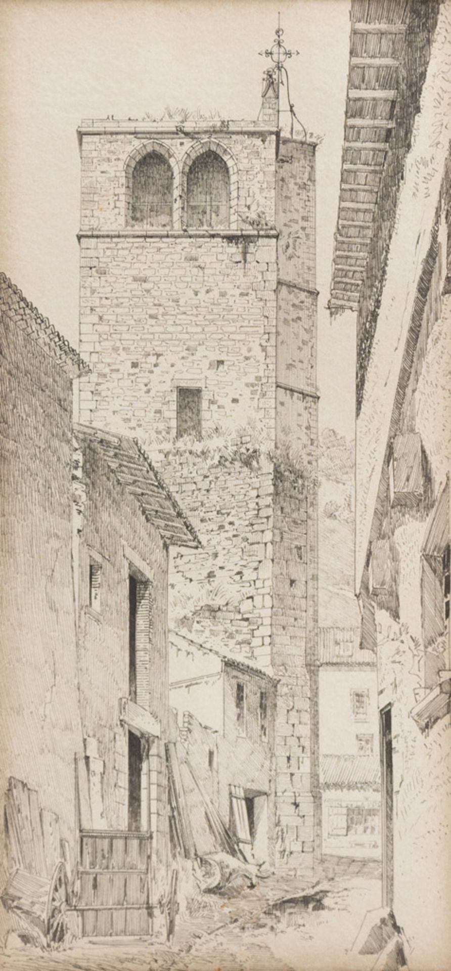 ITALIAN PAINTER, 19TH CENTURY VILLAGE VIEW WITH BELL TOWER Ink on paper cm. 30 x 15 Not signed