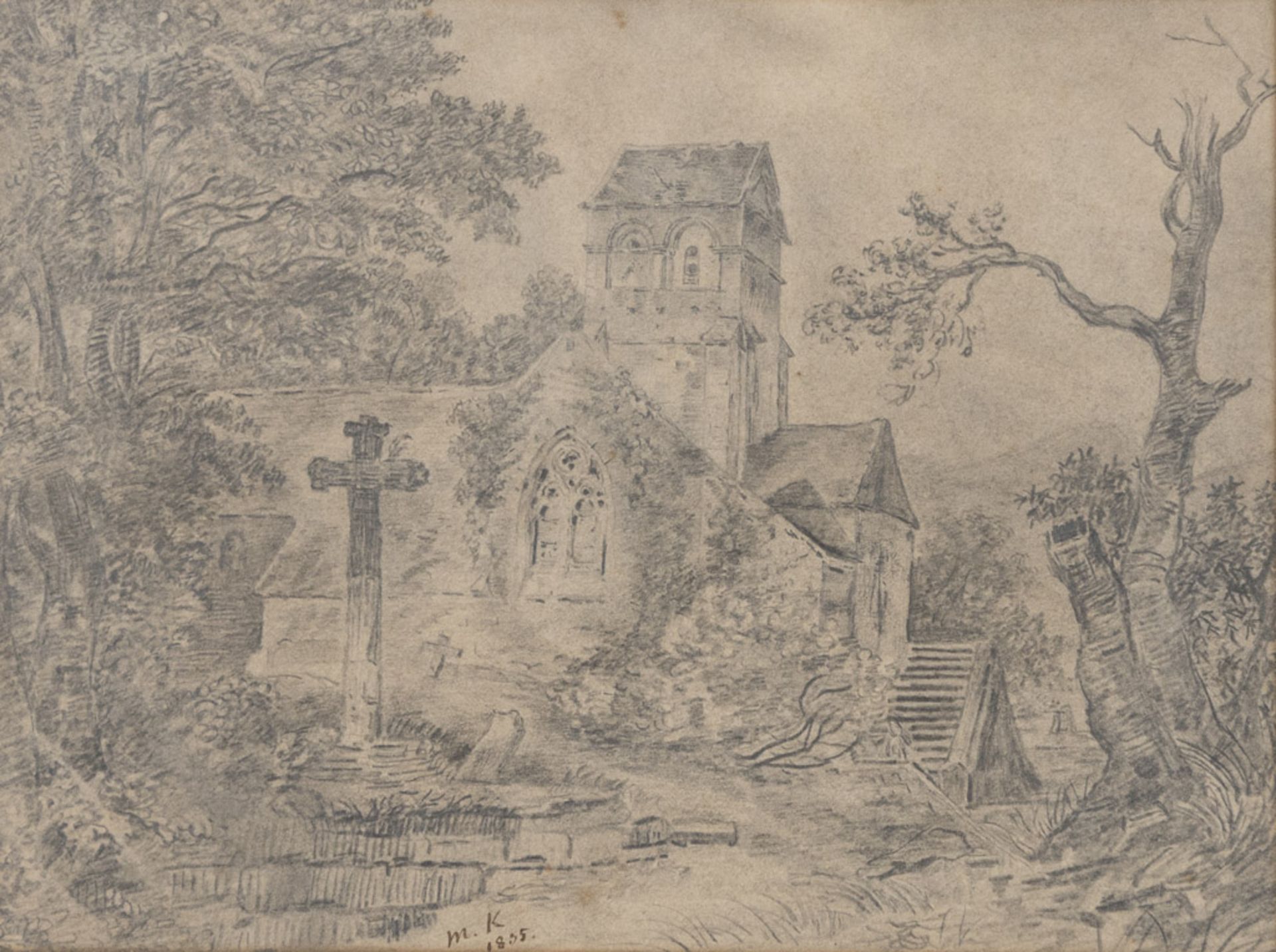 NORTH EUROPEAN PAINTER, 19TH CENTURY CHURCH WITH BELL TOWER Pencil on paper, cm. 16 x 22