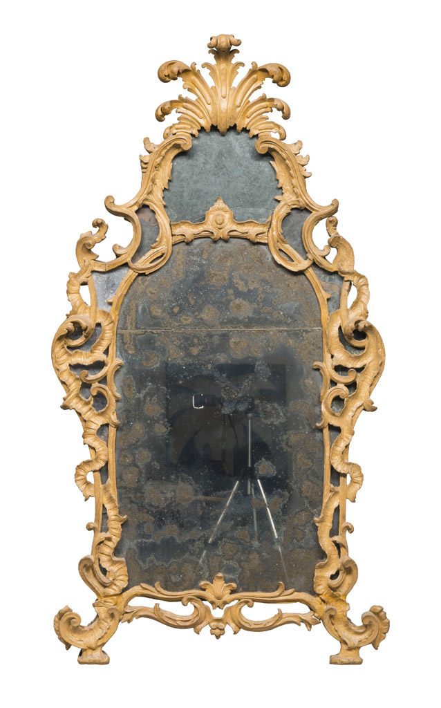 RARE MIRROR IN YELLOW LACQUERED WOOD, PIEDMONT 18TH CENTURY double mirror with frame graven to