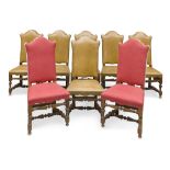 EIGHT WALNUT CHAIRS, EARLY 20TH CENTURY with crenellated backs. Six chairs upholstered in brown