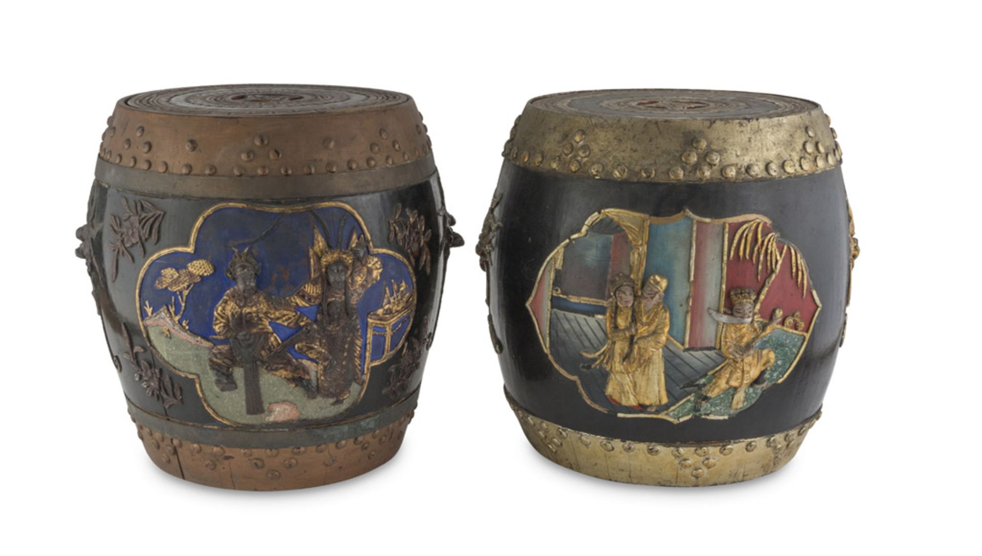 A PAIR OF PAINTED WOOD CASES, CHINA 20TH CENTURY bodies shaped to garden seat decorated with