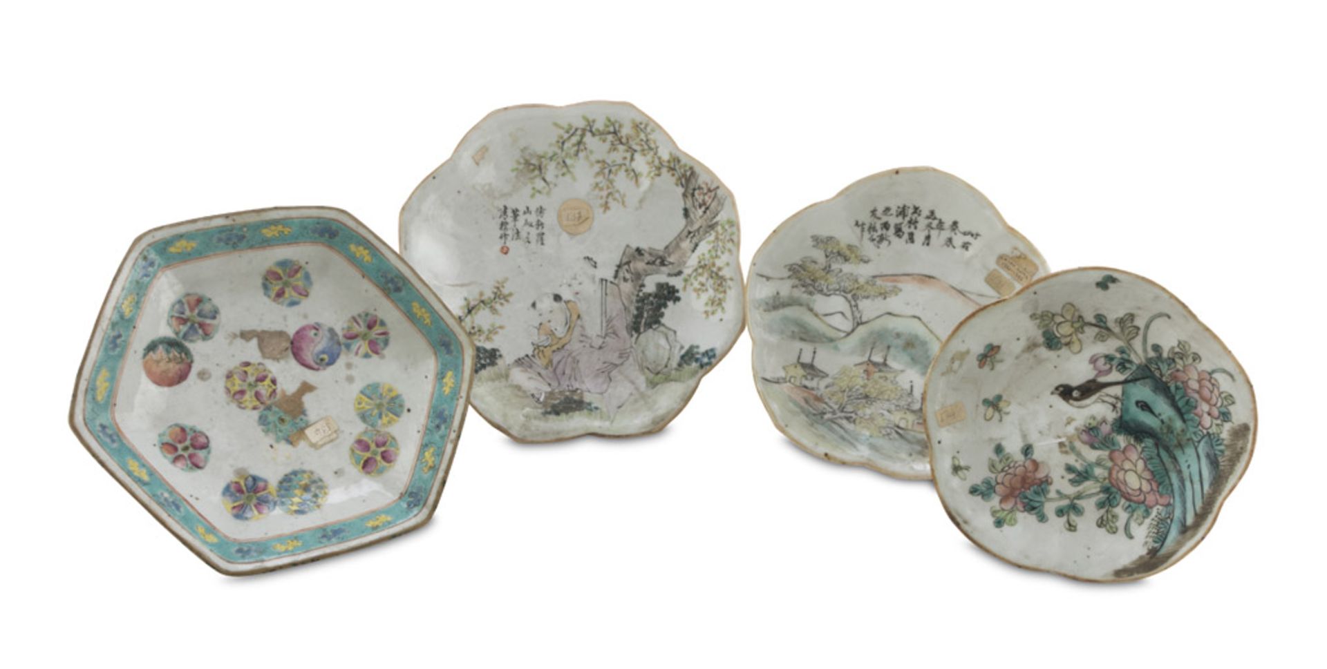 FOUR POLYCHROME ENAMELLED PORCELAIN STANDS, China LATE 19th, EARLY 20TH CENTURY decorated with