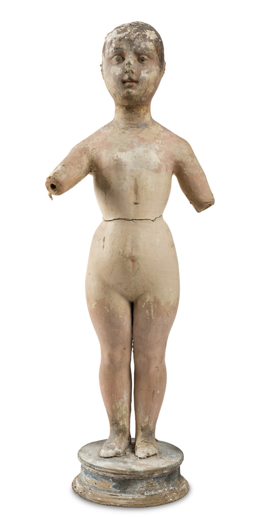 FEMALE DUMMY IN LACQUERED WOOD AND PAPIER-MACHÉ, CENTRAL ITALY 19TH CENTURY with round base.