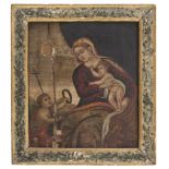 DALMATIAN PAINTER, END 16TH CENTURY VIRGIN WITH THE CHILD AND ST. JOHN INFANT Oil on panel, cm. 40,5