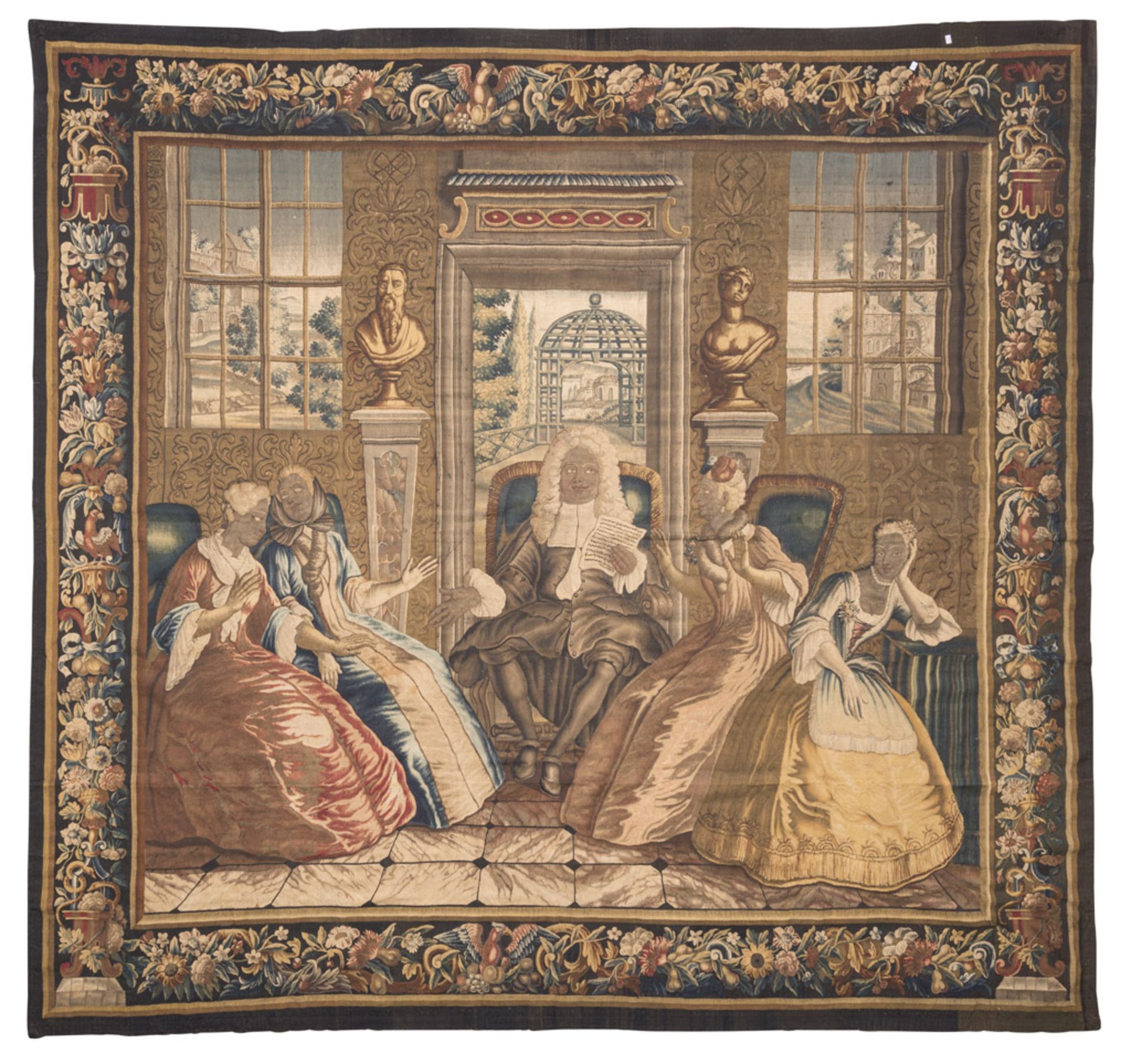 FRENCH SCHOOL, EARLY 18TH CENTURY READING THE LAST WILL Aubusson tapestry, cm. 330 x 350