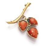 BEAUTIFUL BROOCH with mount in yellow gold 18 kts., shaped to raceme with coral drop pendants framed