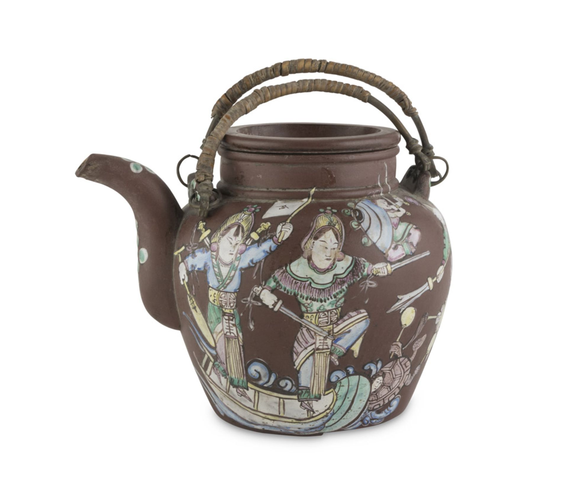 TEAPOT IN YIXING CERAMIC, CHINA 20TH CENTURY decorated with representations of immortal Taoists.