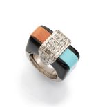 FANTASY RING in yellow gold 18 kts., of geometric design with coral onyx, turquoise and princess cut