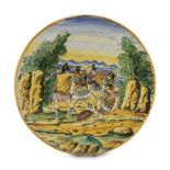LARGE CERMICA DISH, PROBABLY ROMAN CASTLES 20TH CENTURY polychrome decorated with landscape and