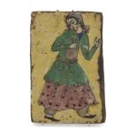 A POLYCHROME ENAMELLED CERAMIC TILE, PERSIA LATE 19th, EARLY 20TH CENTURY decorated with a female