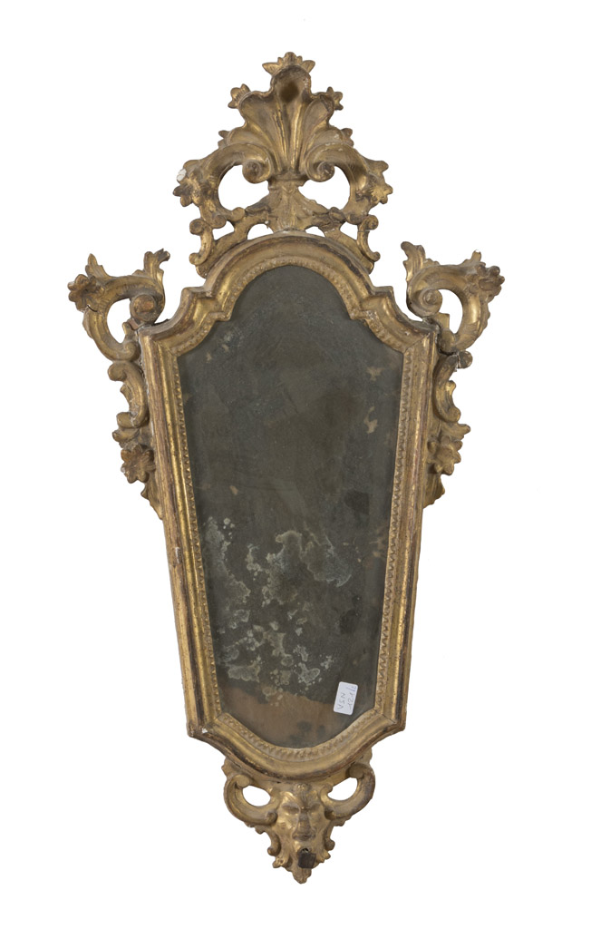 A PAIR OF SMALL MIRRORS IN GILTWOOD, VENETIAN 18TH CENTURY with friezes carved into small scrolls, - Image 2 of 2