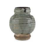 GLAZED CERAMIC VASE, CHINA 20TH CENTURY body shaped to big rings with halfround handles. Measures