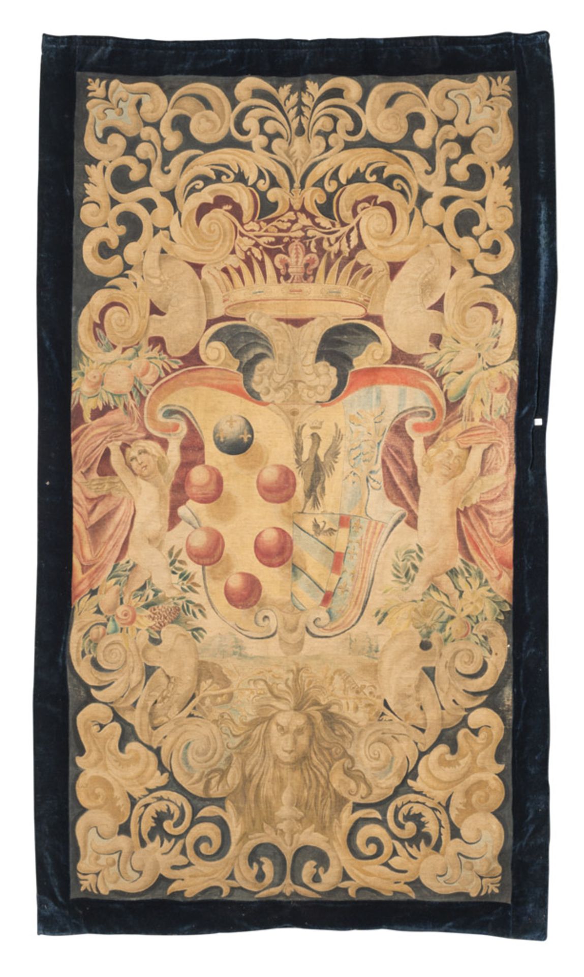 RARE GRASS JUICE TAPESTRY, PROBABLY EMILIA FINE 18TH CENTURY representing a Real noble family coat