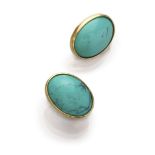EARRINGS in yellow gold 18 kts., with oval turquoises. Measures 2,5 x 2, total weight gr. 14,60.