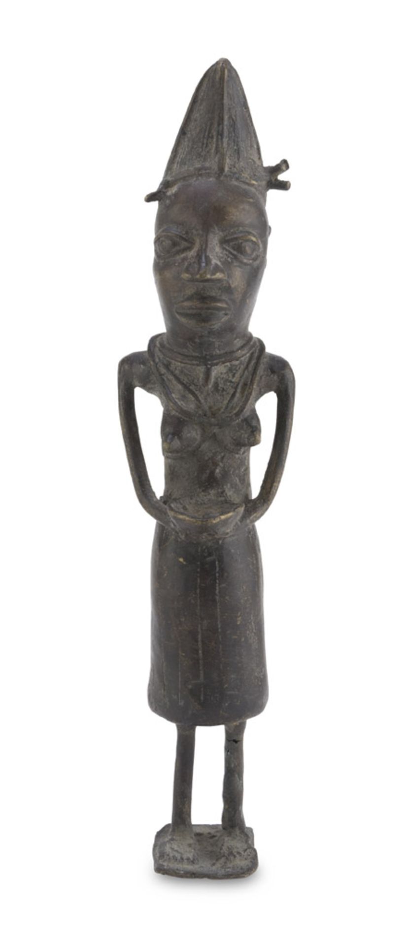 BRONZE SCULPTURE, CULTURE YORUBA, NIGERIA LATE 19TH, EARLY 20TH CENTURY representing woman with