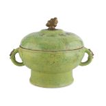 A GREEN PORCELAIN FOODWARMER, CHINA 20TH CENTURY halfround handles with taotie. Floral shaped