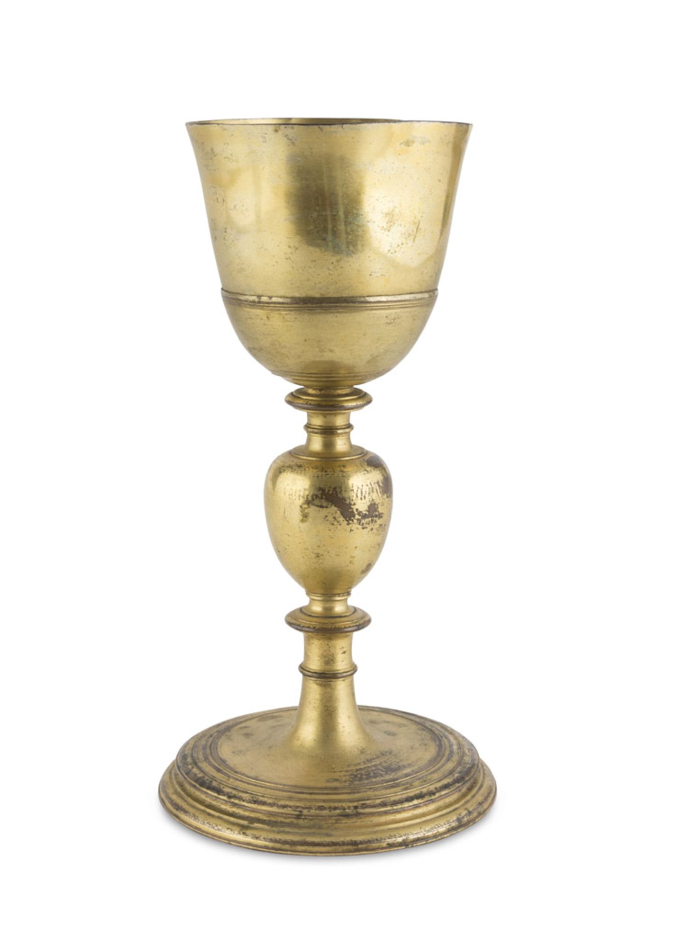 CHALICE IN GILDED METAL, END 18TH CENTURY with baluster shaft and ruled foot. Measures cm. 22 x 8.